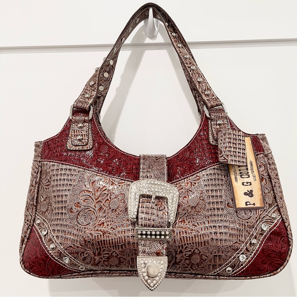 P&G Western Red & Gold w/Rhinestone Accents Shoulder Bag NWT